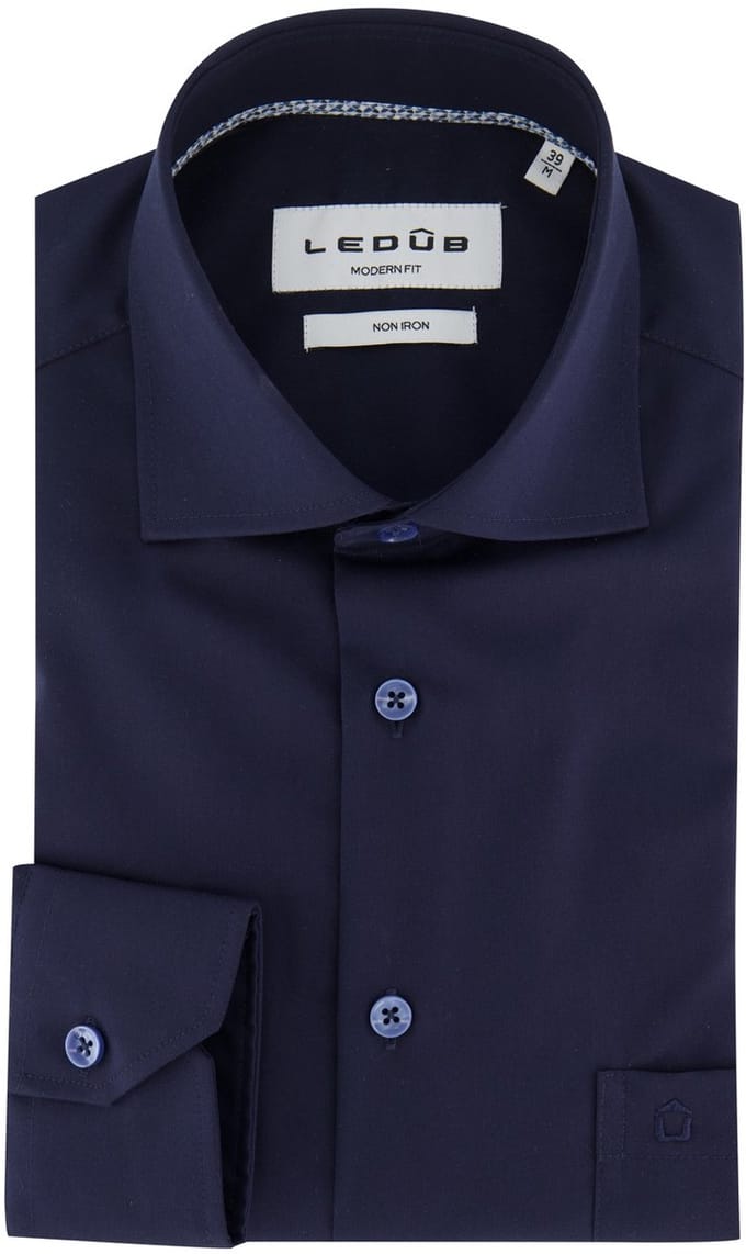 Overhemd donkerblauw Ledub Modern fit katoen wide spread