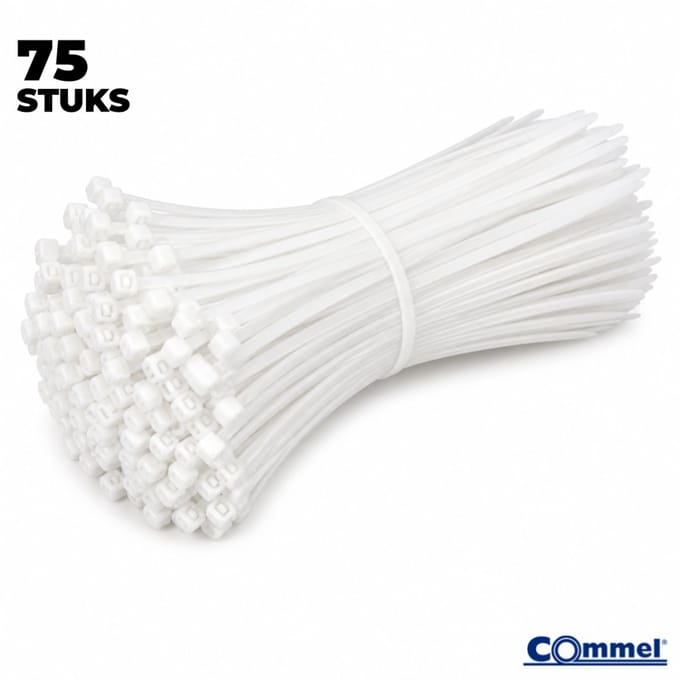 75x Commel Kabelbinders - 250 x 7.5 mm - Wit - Nylon - Treksterkte 55kg