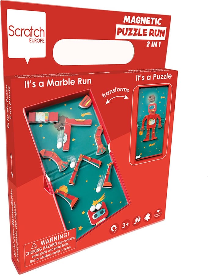 SCRATCH Magnetic Puzzle Run - Robot - 2-In-1 - Puzzel En Knikkerbaan Met 5 Knikkers - 3 Jaar