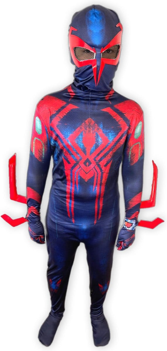 Superheldendroom - Webheld Variatie Kostuum – Rood‑Blauw – Stretch099 Miguel - 128/134 (7/8 Jaar) - Verkleedkleding - Superheldenpak - Actieheld - Carnaval