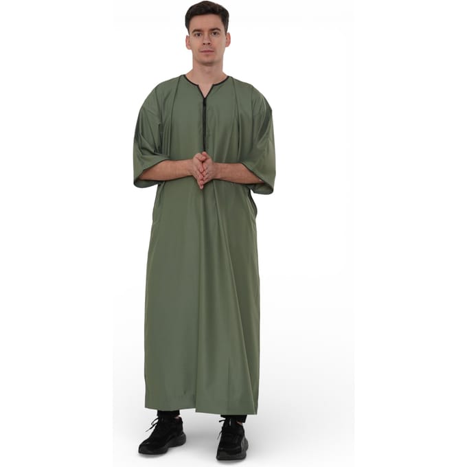 Mannen Ramadan Olijfgroen Marokkaanse Gandoura Thobe Robe Djellaba Eid Jubba-TT-006
