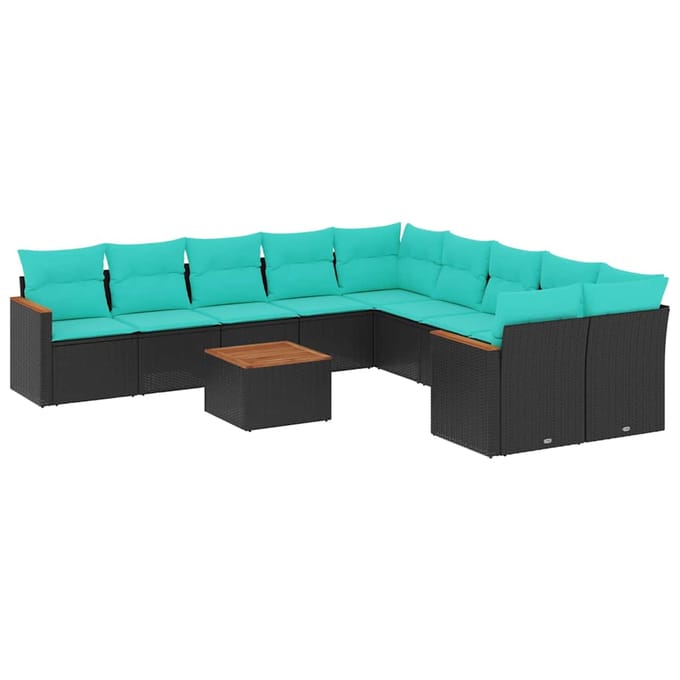 vidaXL - 11-delige - tuinbankset - met - kussens, - zwart - polyrotan