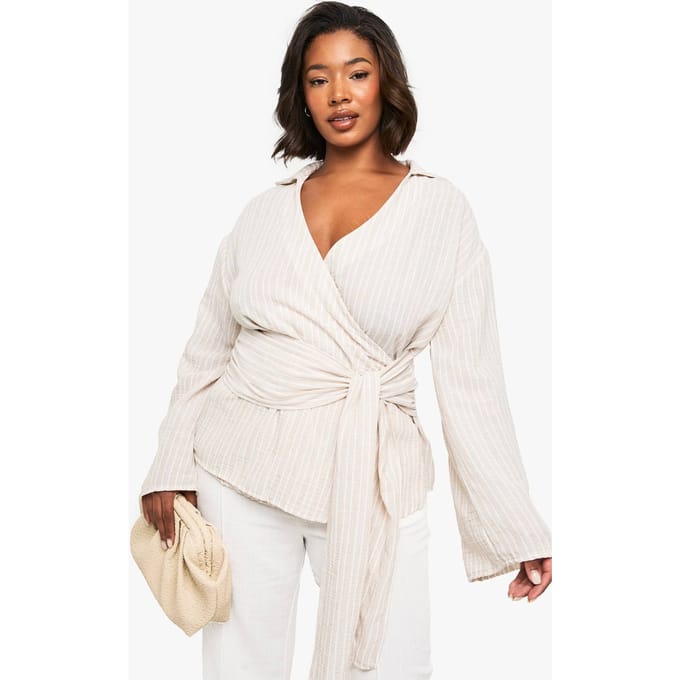 boohoo Dames PLUS BLOUSE MET VOORSTRIK EN GESTREEPTE PATROON | Stone | Maat: 24