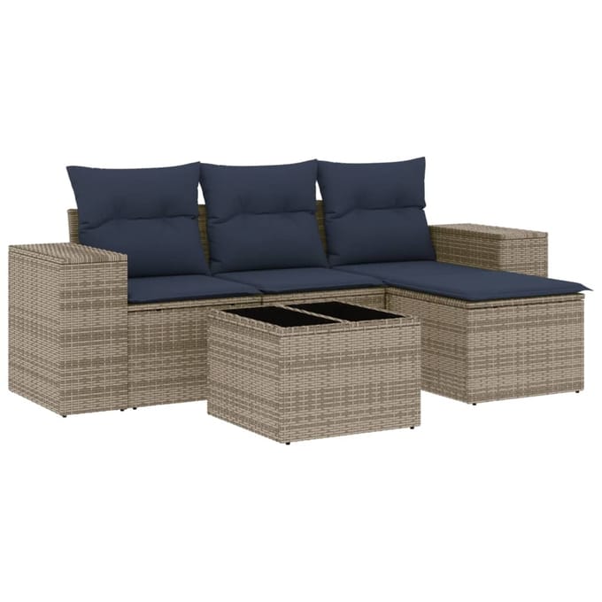 vidaXL - 5-delige - tuinbankset - met - kussens, - grijs - polyrotan