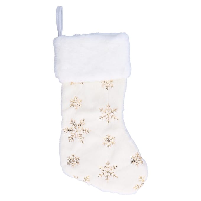 Pendentif Chaussette de Noël en Polyester avec Motif Brodé Flocon de Neige Décoration Arbre de Noël white