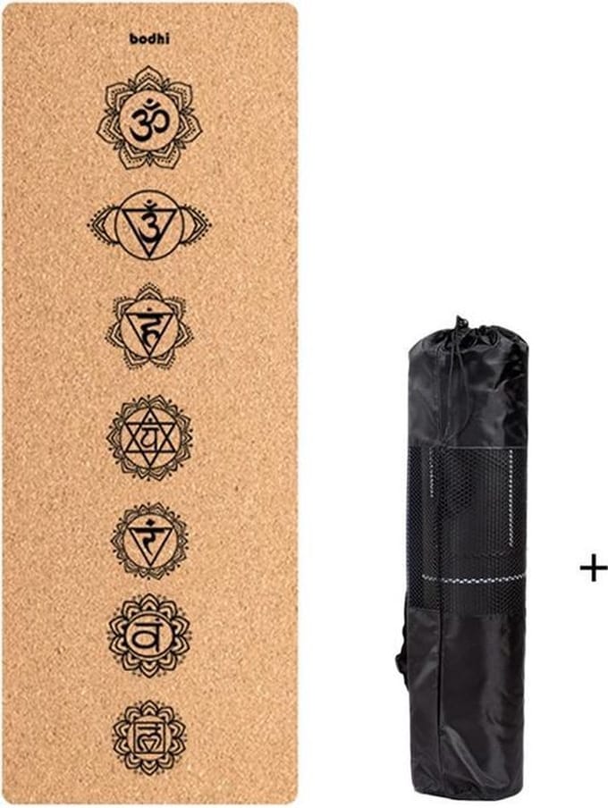 Yogamat met chakras opdruk - kurk en zwart rubber - Extra dik en breed