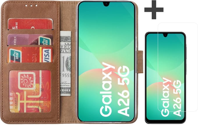 Hoesje met Screenprotector Geschikt voor Samsung Galaxy A26 – Arara bookcase met pasjeshouder - Bruin
