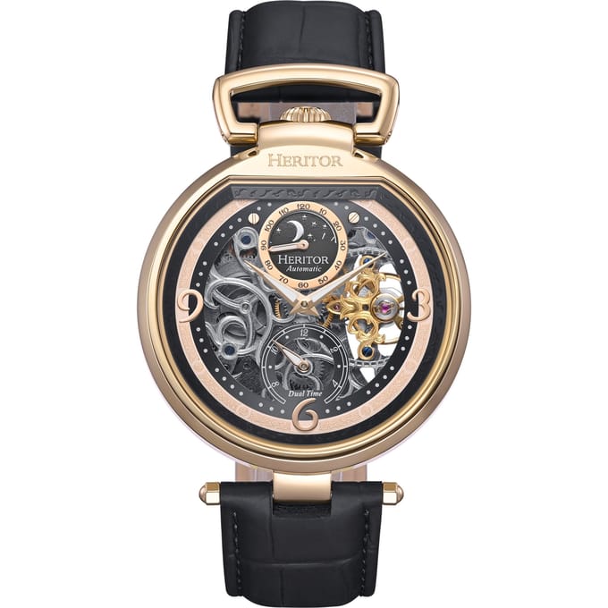 Heritor Automatic Lincoln leren band skelethorloge met maanfase - goud