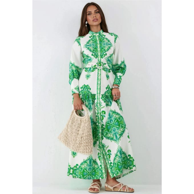 Paisleyprint Maxi-jurk met riem en overhemdkraag