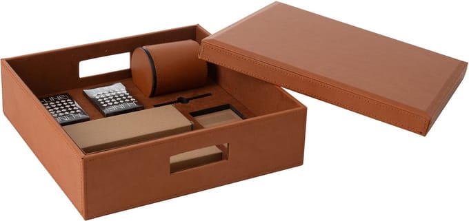 J-Line doos Kaartspel/schaakspel - kunstleder - cognac