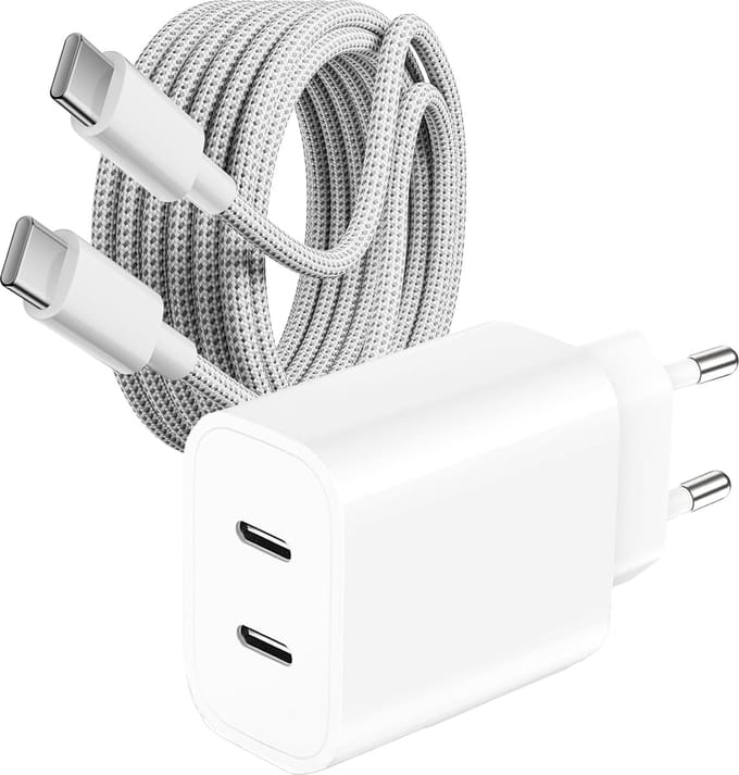 Usb C Lader 2 Poorten + Sterke usb-C Kabel - 2 Meter - 35w Snellader met usb-C naar usb-C Kabels - Oplader usbC