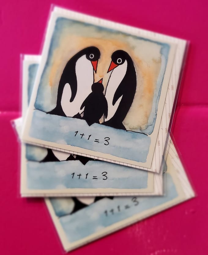 Wenskaart Hans Innemée 1 + 1 = 3 Pinguïns