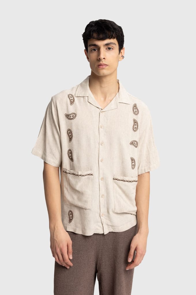 Heren Katoenen Geborduurde Poplin Korte Mouwen Shirt