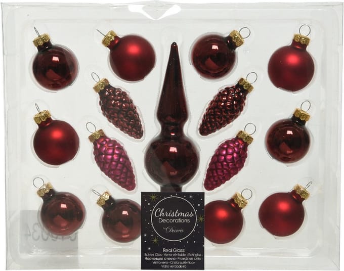 Decoris Mini kerstballen D3 cm - met piek - set 15-dlg - donkerrood - glas - kerstversiering
