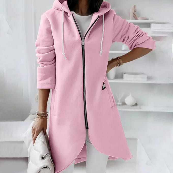 Casual losse, lange gewatteerde sweatshirtjas met rits en capuchon voor dames M roze