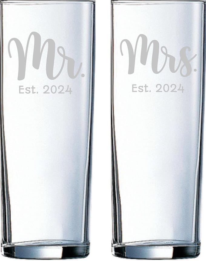 Gegraveerde set longdrinkglazen 31cl Mr. Est. 2024 - Mrs. Est. 2024