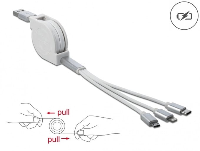 Delock USB Type-A 3 in 1 Retractable Charging Cable for Lightning™ / Micro USB / USB Type-C™ white