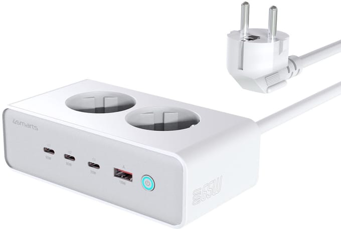 4smarts Oplaad Station Bureau GaN 65W 3X USB-C + 2X AC Stopcontact + USB-A Wit