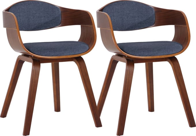 CLP Kingston Set van 2 eetkamerstoelen - Met armleuning - Stof - walnoot/blauw walnoot