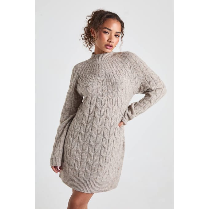 boohoo Dames Gebreide mini-jurk met hoge hals en kabeldetail | Stone | Maat: Medium