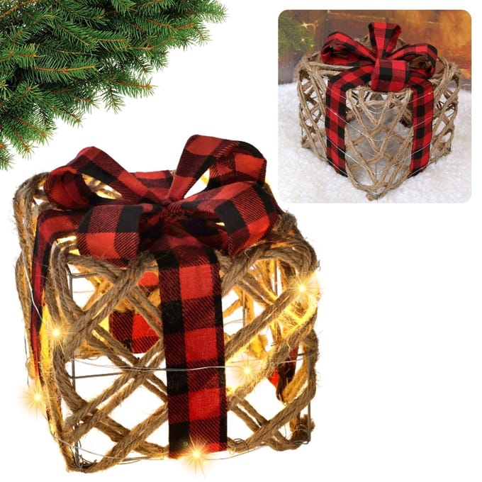 Jute geschenk met LED strik, kerstdecoratie 15cm