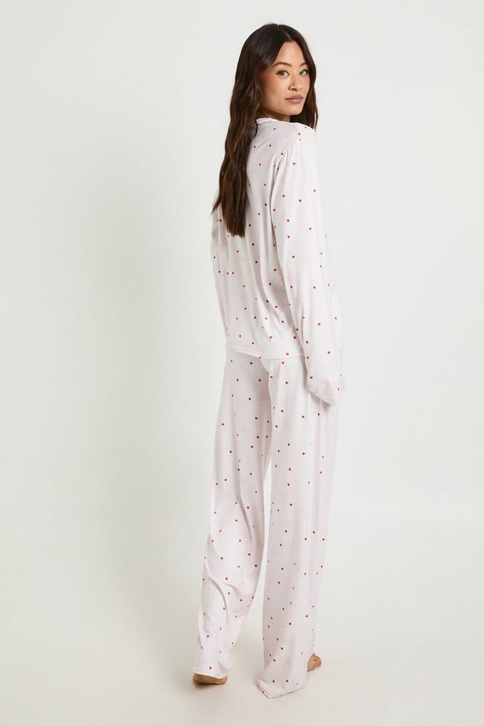 boohoo Dames Tall Bow & Hartprint Lange Mouw Top & Broek Pyjama Set | Lichtroze | Maat: 38