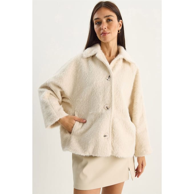 Oversized Pluche Jas met Knopsluiting