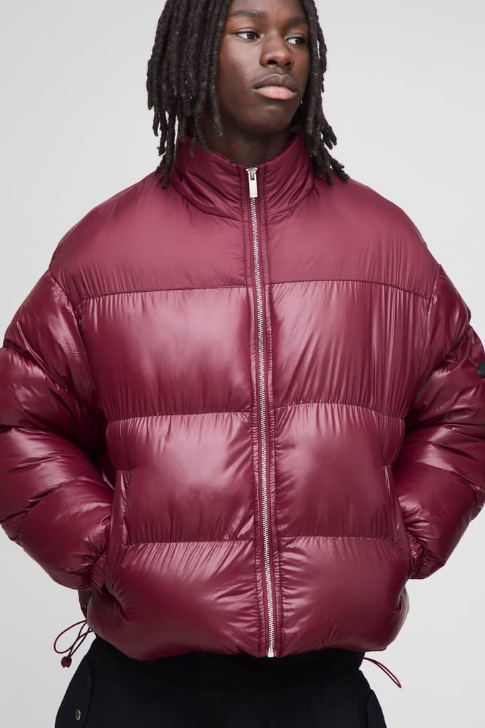 Boxy pasvorm Hoogglans Nylon Mix trechterkraag pufferjas | Burgundy | Size Medium
