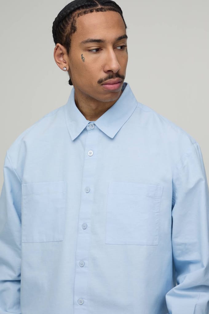 Boxy Fit Cropped Lange Mouw Oxford Shirt | Light Blue | Size Medium