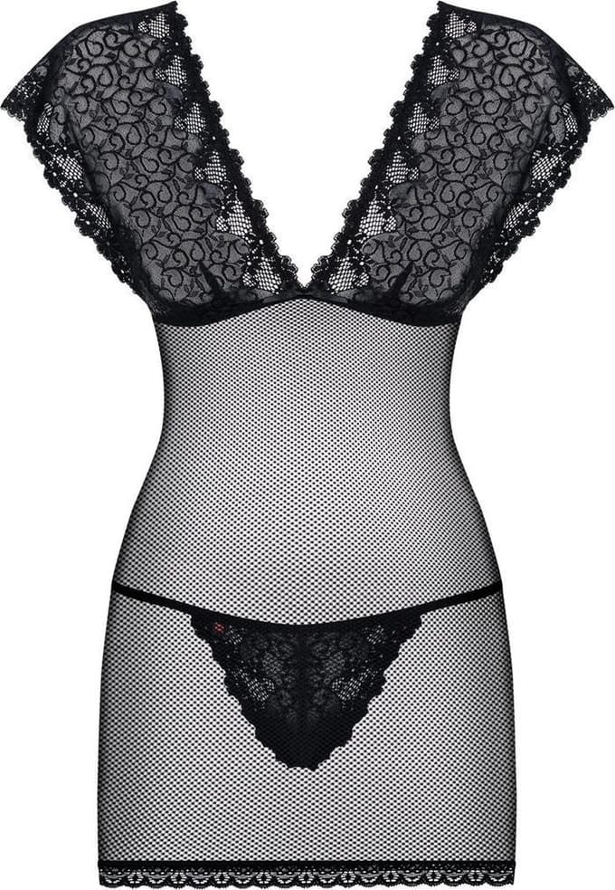 Obsessive Jurkje met mouwen & String - Erotische Lingerieset - Maat S/M - Zwart