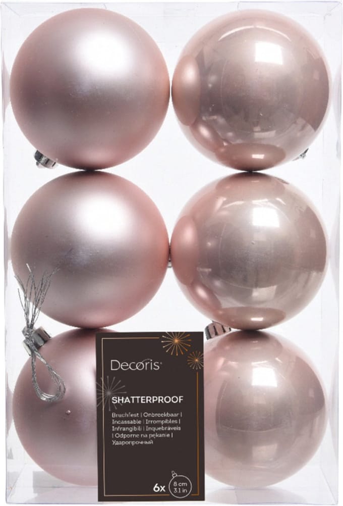 Decoris Kerstballen - 6x st - lichtroze - D8 cm - kunststof - mat/glans - kerstversiering
