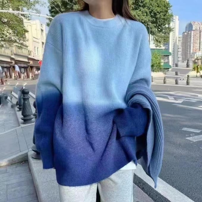 Pull ample grande taille pour femme, automne et hiver, col rond, dégradé de couleurs, pull en tricot, pull de base one size bleu