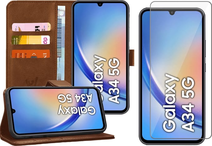 Hoesje geschikt voor Samsung Galaxy A34 - Screen Protector GlassGuard - Book Case Kunstleer Pasjeshouder Bruin & Screenprotector