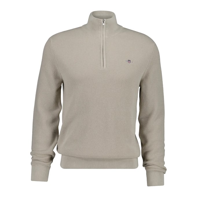 Gant Trui Solid Color Micro Textured Cotton Half Zip Clay Beige / male