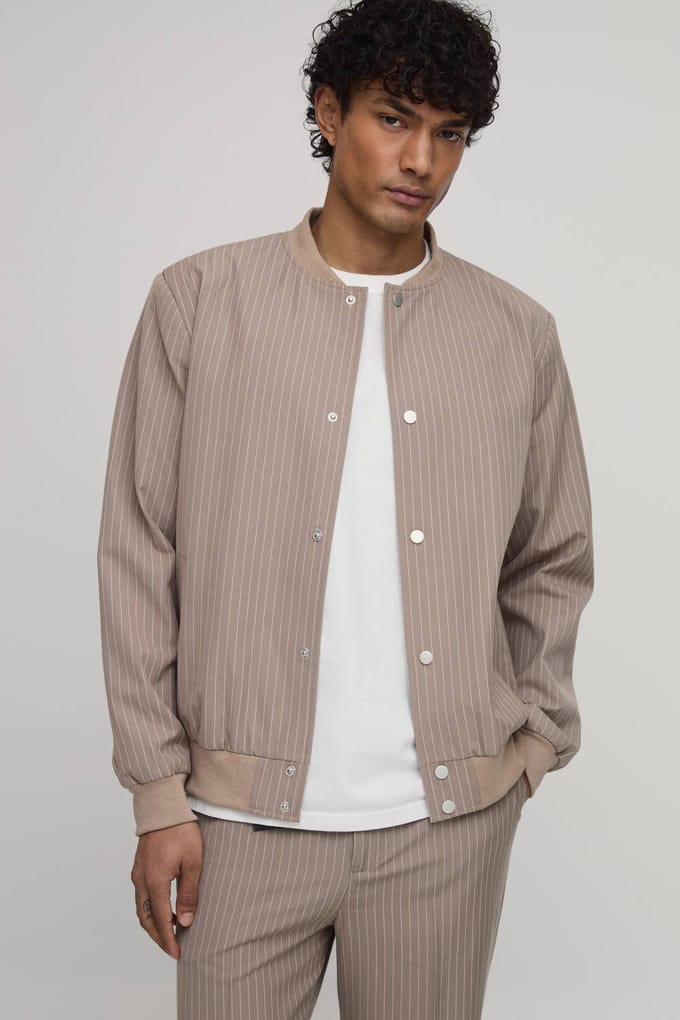 Gestreept Bomberjack In Regular Fit Met Bijpassende Broek | Taupe | Size Medium