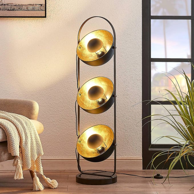 Lindby - vloerlamp - 3lichts - Metaal - H: 120 cm - E27 - zwart, goud