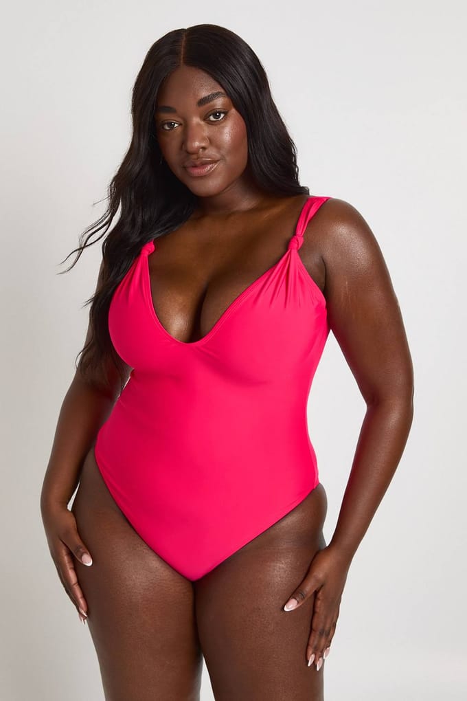 boohoo Dames Plus Badpak Met Knoopdetail | Roze | Maat: 46