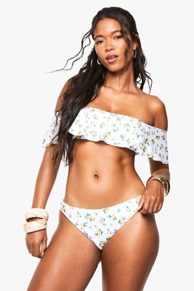 boohoo Dames Bloemige ruches Bardot bikini-top | White | Maat: 14