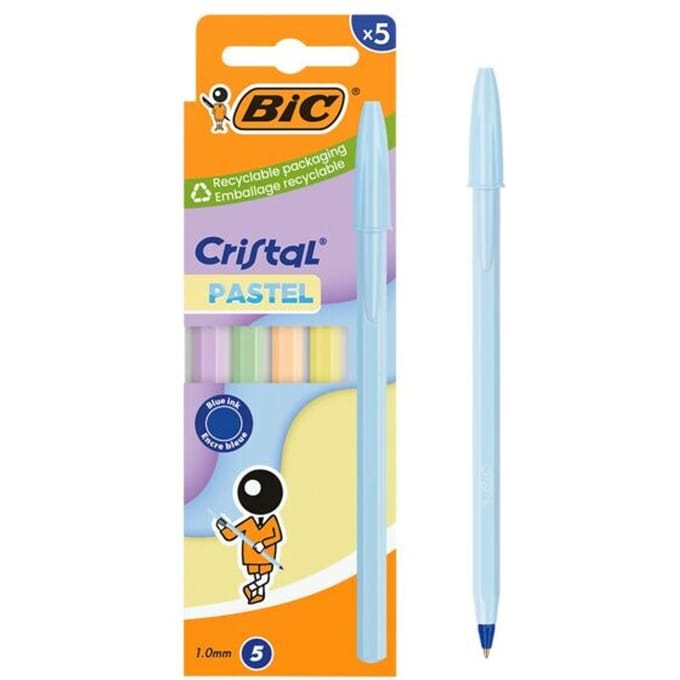 BIC Cristal Pastel Balpen - 5 Stuks - 5 Pastelkleuren - Navulbaar Blauwe Inkt - Medium Punt