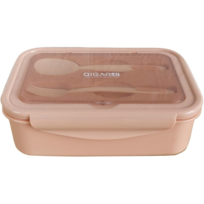 1400 ml plastic lunchbox met vork en lepel, 3 compartimenten, enkellaags, lekvrij, herbruikbaar, scherper roze