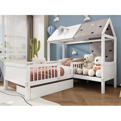ModernLuxe Multifunctioneel eenpersoons kinderbed in massief hout - met lade onder het bed - 90x200 cm - Wit