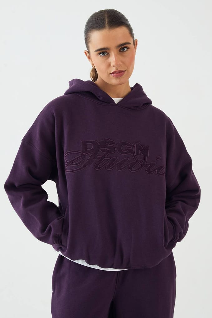 Dames DSGN Studio Badstof Applique Oversized Hoodie | Aubergine | Maat: Medium