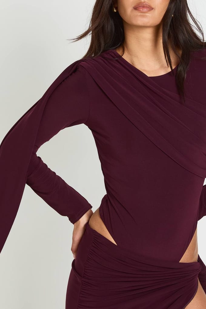boohoo Dames Dubbellaags Slinky Bodysuit Met Gedrapeerd Voorpand | Plum | Maat: 8