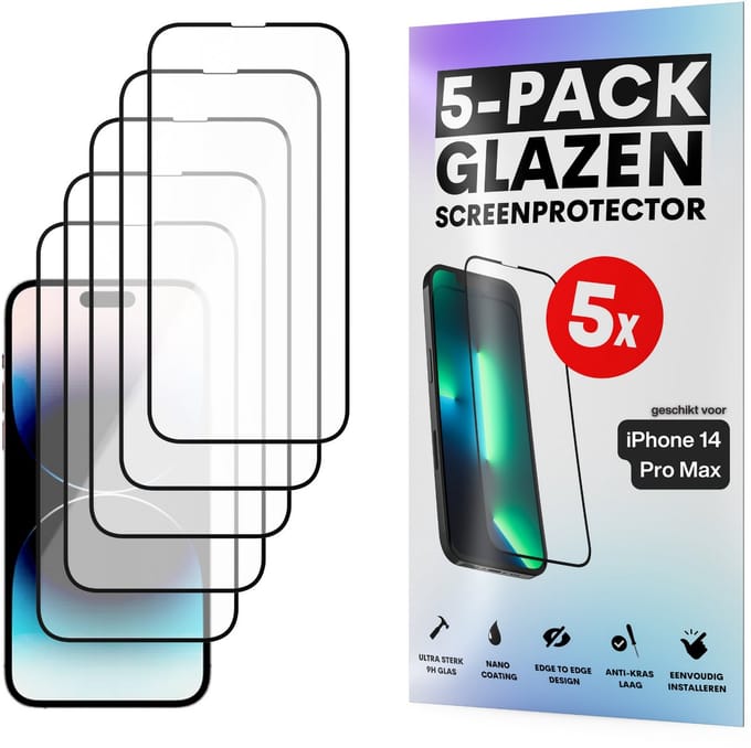 Screenprotector - Geschikt voor iPhone 14 Pro Max - Gehard Glas - Full Cover Tempered Glass - Case Friendly - 5 Pack