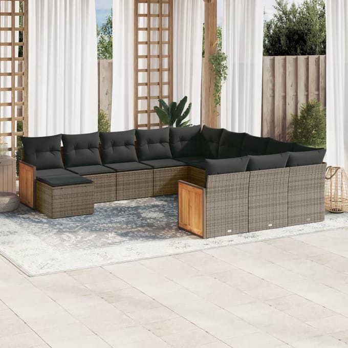 vidaXL - 12-delige - Loungeset - met - kussens - poly - rattan - grijs