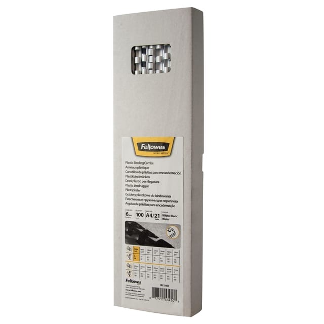 Fellowes plastic inbindruggen, formaat 6 mm, 100 stuks, voor inbindmachines plastic inbindrug wit, 100 stuks
