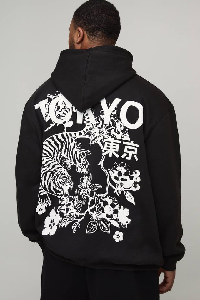Plus oversized Tokyo bloemenprint hoodie | Black | Size 2XL