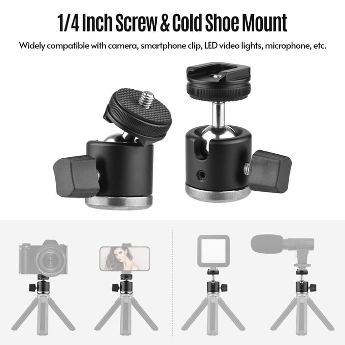 2 en 1 Vis 1/4 Support Griffe Froide Rotule Orientable à 360 degrés Double Usage Mini Rotule Alliage d'Aluminium noir