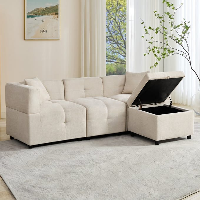 REDOM Modulaire bank 3-zits 204*126*69cm van chenille, met multifunctionele opbergpoef en 2 kussens