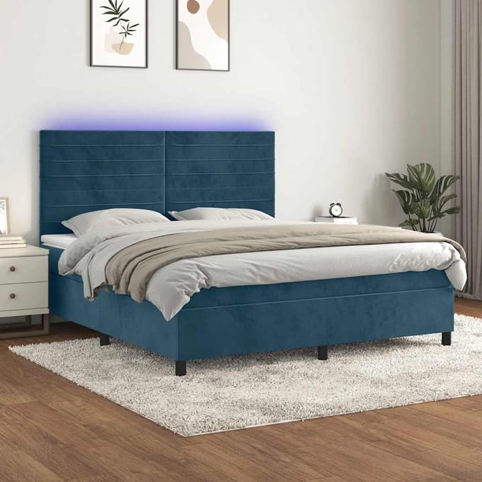 vidaXL - Boxspring - met - matras - en - LED - fluweel - donkerblauw - 160x200 - cm